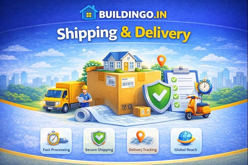 “Buildingo.in Shipping and Delivery banner with delivery truck, boxes, blueprint, scooter, tracking icons, checklist, and secure shipping shield illustration.”