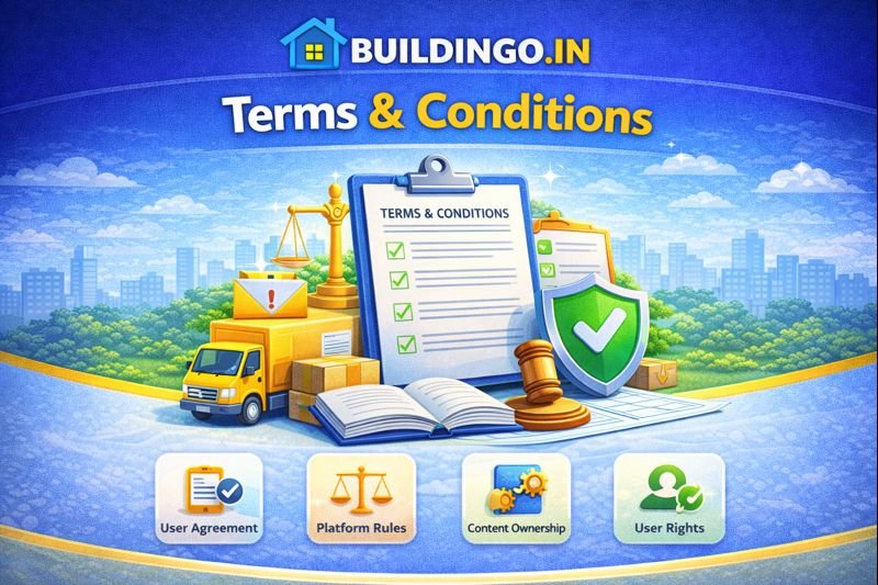 “Buildingo.in Terms & Conditions banner showing agreement document, legal icons, user rights, platform rules, and content ownership illustration.”