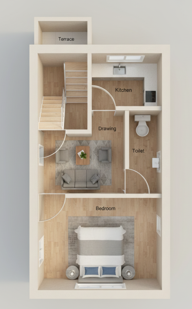“3D floor plan of a compact 10×25 ft 1BHK house (actual size 10×25 ft) featuring a front bedroom, a central drawing/living room, a modern kitchen, a toilet, staircase access, and a rear terrace. The plan shows wooden flooring, realistic furniture, and accurate room proportions in a top-view 3D layout.”
