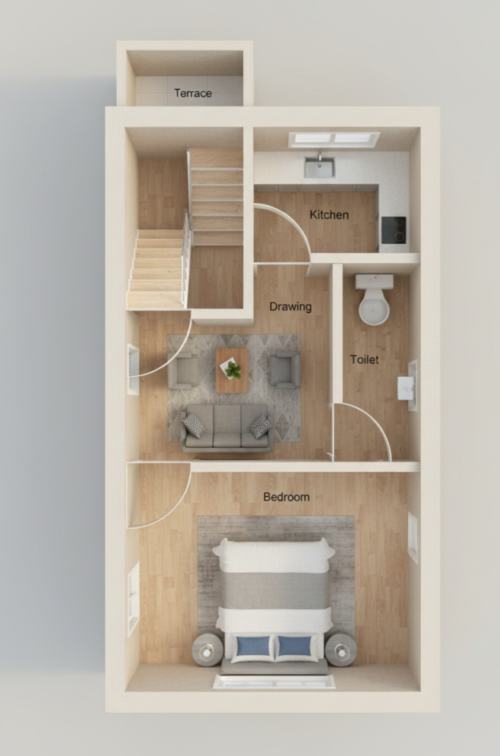 10x25 1BHK 3D FloorPlan