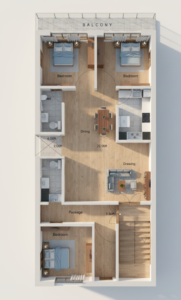 “3D floor plan of a 22×50 ft 2BHK house (actual size 22.50×50 ft) showing two front bedrooms with a shared balcony, a central dining area, a modern kitchen, a stylish drawing room, a rear bedroom, two toilets, and a staircase. The 3D layout highlights wooden flooring, realistic furniture, natural lighting, and detailed interior finishes.”