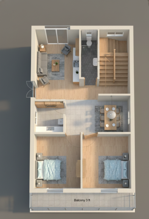 25x40 2BHK 3D Floor Plan