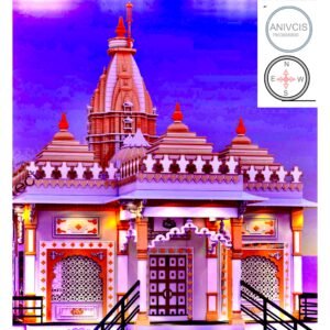 3D front elevation of a traditional Hindu temple featuring a tall central shikhara crowned with kalash and dhwaj, symmetrical side domes, ornate parapet detailing, carved entrance arch, decorative jaali panels, and illuminated façade lighting. The temple façade showcases a grand staircase leading to a raised plinth. The central wooden double door is framed by intricate ornamental borders. The elevation highlights layered architectural bands, lotus-style dome elements, and traditional temple motifs. Warm lighting enhances the carved columns, arches, and parapet detailing, while the tall shikhara rises prominently above the mandap structure.