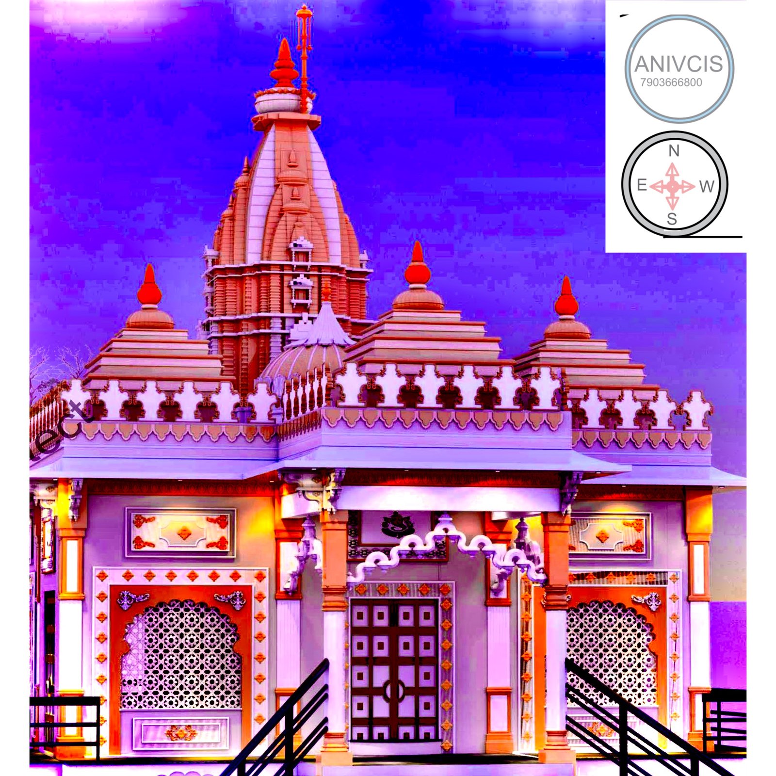 3D front elevation of a traditional Hindu temple featuring a tall central shikhara crowned with kalash and dhwaj, symmetrical side domes, ornate parapet detailing, carved entrance arch, decorative jaali panels, and illuminated façade lighting. The temple façade showcases a grand staircase leading to a raised plinth. The central wooden double door is framed by intricate ornamental borders. The elevation highlights layered architectural bands, lotus-style dome elements, and traditional temple motifs. Warm lighting enhances the carved columns, arches, and parapet detailing, while the tall shikhara rises prominently above the mandap structure.
