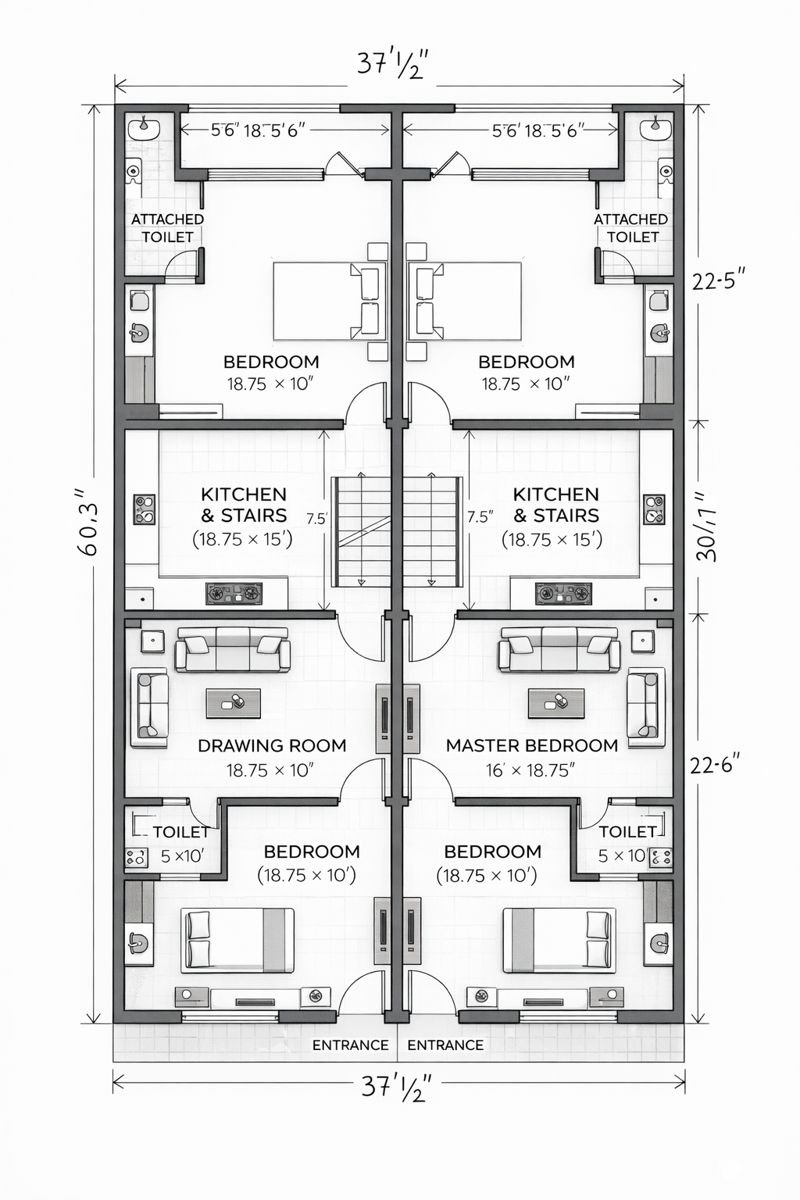 Black and white duplex floor plan showing two mirrored 3BHK units, each with entrance, drawing room, bedroom, kitchen with stairs, master bedroom, attached toilets, and room dimensions.