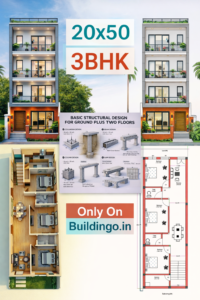 “20x50 house design ₹99 combo including 3BHK 2D floor plan, 3D floor plan, modern 4-storey front elevation, basic structural design for ground plus two floors, column and beam details, slab reinforcement diagrams, and full layout package — available only on Buildingo.in”