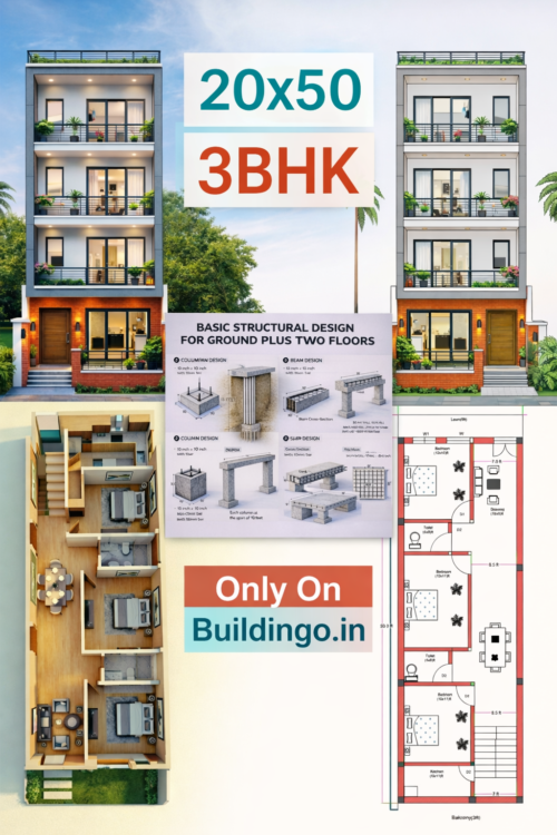 20x50 3BHK Modern House Design | 2D Plan, 3D Elevation & Structural Drawing | East Facing