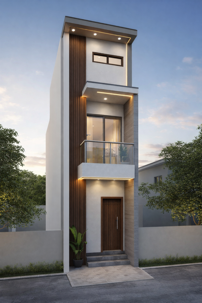 “Modern narrow front elevation design for a small plot house, featuring vertical wooden paneling, premium LED strip lighting, balcony with glass railing, two-story contemporary façade, minimalist entrance steps, sleek main door, soft exterior lighting, and stylish compact home architecture ideal for 15 to 20 feet front plots – Buildingo”