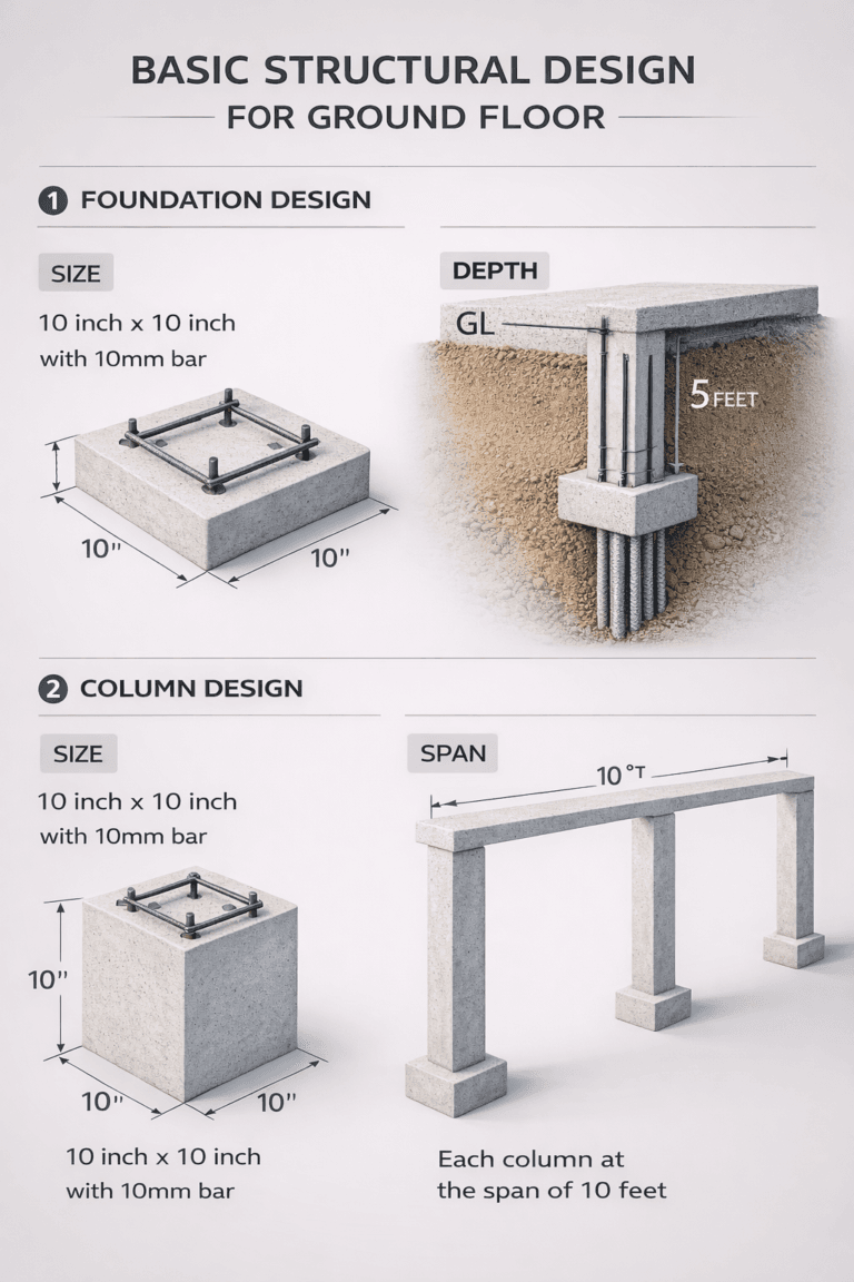 “Basic structural design for ground floor showing foundation design with 10 inch × 10 inch footing reinforced using 10mm steel bars, 10 inch × 10 inch footing dimensions, 5 feet depth below ground level (GL), RCC column design with 10 inch × 10 inch column size and 10mm reinforcement, columns spaced at 10-feet span, and 3D structural visuals explaining footing-to-column connection and layout – Buildingo”