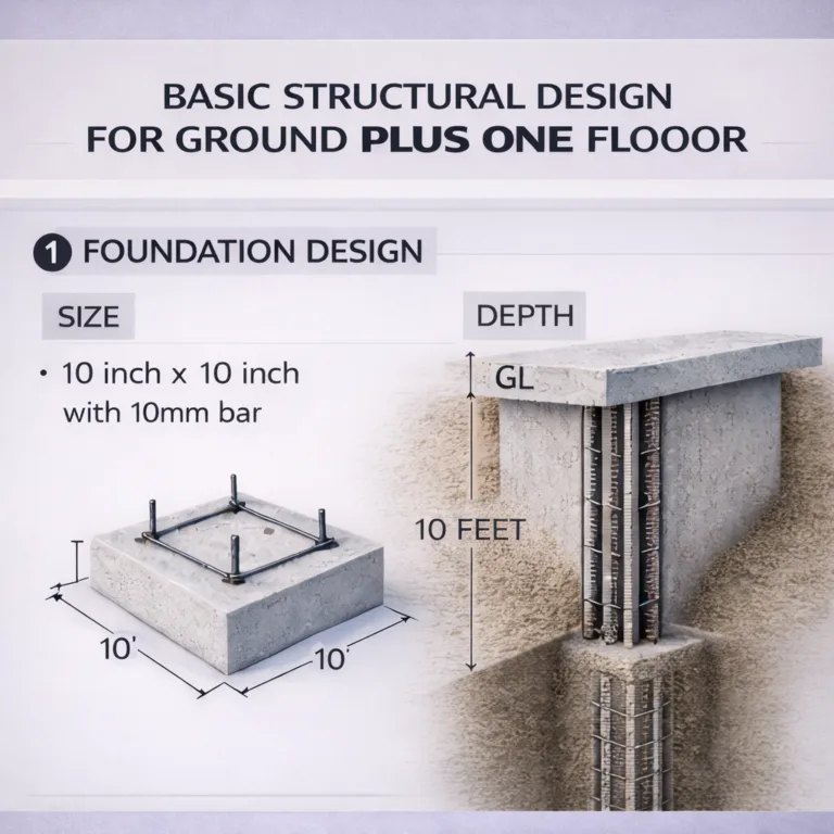 “Basic structural design for ground plus one floor showing foundation layout with 10 inch × 10 inch footing reinforced using 10mm steel bars, 10 ft × 10 ft footing base, 10 feet depth below ground level, RCC column reinforcement details, soil cross-section, GL marking, and visual diagram of footing-to-column connection for safe G+1 construction – Buildingo”