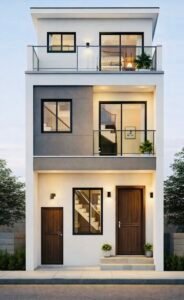 12x24 feet G+2 narrow plot modern front elevation with corner entrance door, staircase window and side service door