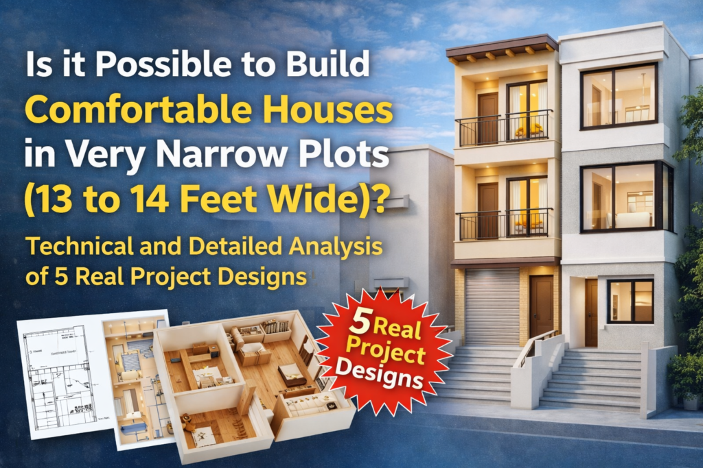 Modern three-storey narrow house design built on 13 to 14 feet wide plot showing contemporary 3D front elevation with balcony and glass windows, along with small preview of 2D floor plan and 3D floor plan layout. The thumbnail highlights technical analysis of five real narrow plot house designs including structural planning, ventilation strategy, circulation concept, and optimized space utilization for compact urban plots.