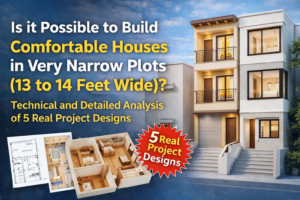 Modern three-storey narrow house design built on 13 to 14 feet wide plot showing contemporary 3D front elevation with balcony and glass windows, along with small preview of 2D floor plan and 3D floor plan layout. The thumbnail highlights technical analysis of five real narrow plot house designs including structural planning, ventilation strategy, circulation concept, and optimized space utilization for compact urban plots.