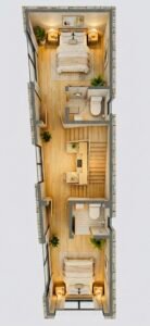 “10x40 house plan (actual 9x40 ft with rear width 7.83 ft) narrow 3D floor plan showing two large bedrooms with full-size windows, attached bathrooms, central staircase lobby, modern wooden flooring, built-in wardrobe spaces, interior plants, bright ambient lighting, and efficient long-plot layout designed for extremely narrow residential plots – Buildingo”