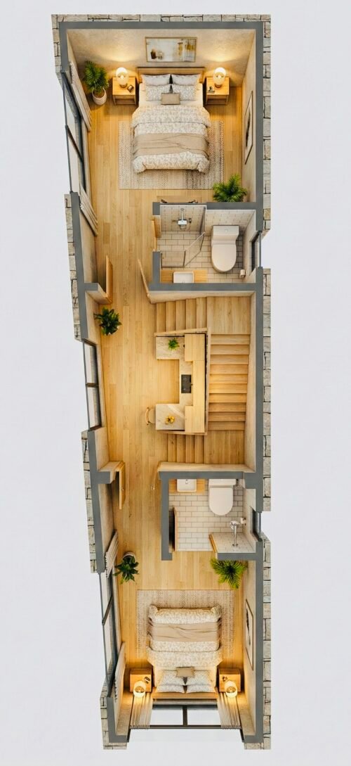 Complete architectural reference drawing of a 9’ x 40’ narrow trapezoidal plot house featuring 2D and 3D floor plans, front elevation design, and basic structural details for ground and upper floors.556