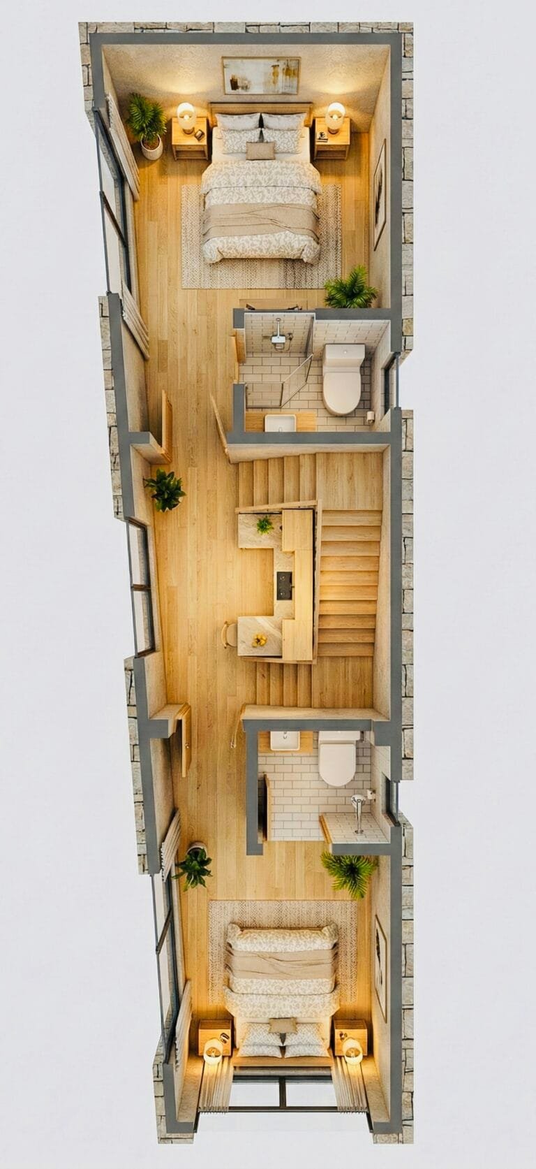 “10x40 house plan (actual 9x40 ft with rear width 7.83 ft) narrow 3D floor plan showing two large bedrooms with full-size windows, attached bathrooms, central staircase lobby, modern wooden flooring, built-in wardrobe spaces, interior plants, bright ambient lighting, and efficient long-plot layout designed for extremely narrow residential plots – Buildingo”