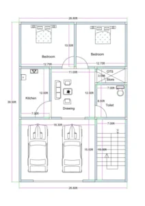 “North-facing 27×40 ground floor house plan (actual size 26.8×39.5 ft) featuring a double-car parking area, staircase access on the east side, a central drawing room, two bedrooms, a kitchen, a store room, OTS ventilation shaft, and a common toilet designed according to vastu principles.”