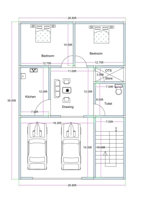 “North-facing 27×40 ground floor house plan (actual size 26.8×39.5 ft) featuring a double-car parking area, staircase access on the east side, a central drawing room, two bedrooms, a kitchen, a store room, OTS ventilation shaft, and a common toilet designed according to vastu principles.”