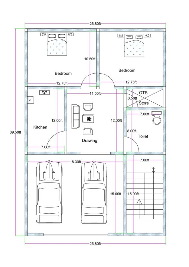 “North-facing 27×40 ground floor house plan (actual size 26.8×39.5 ft) featuring a double-car parking area, staircase access on the east side, a central drawing room, two bedrooms, a kitchen, a store room, OTS ventilation shaft, and a common toilet designed according to vastu principles.”