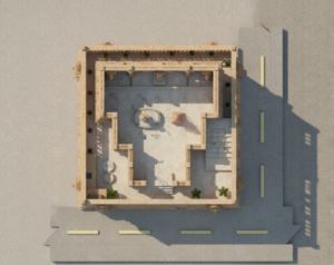 3D floor plan a elevation of a tradition222al Hindu temple featuring a tall central shikhara crowned with kalash and dhwaj, symmetrical side domes, ornate parapet detailing, carved entrance arch, decorative jaali panels, and illuminated façade lighting. The temple façade showcases a grand staircase leading to a raised plinth. The central wooden double door is framed by intricate ornamental borders. The elevation highlights layered architectural bands, lotus-style dome elements, and traditional temple motifs. Warm lighting enhances the carved columns, arches, and parapet detailing, while the tall shikhara rises prominently above the mandap structure. alt text