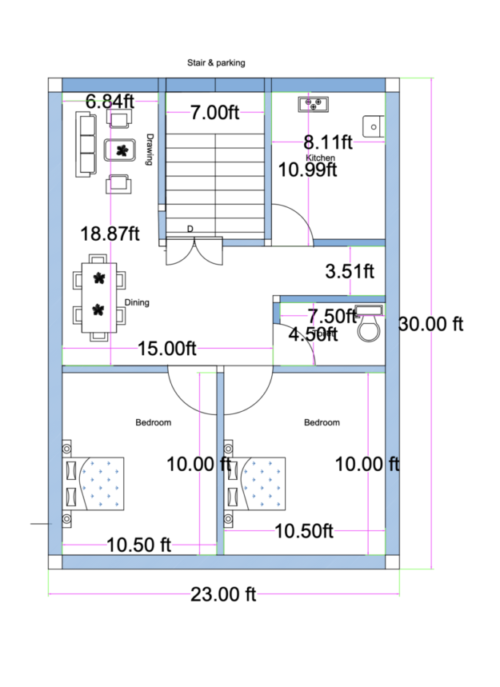 Searching for a compact and practical 23x30 house plan? This west-facing 2BHK home design offers an intelligently planned layout within an actual built-up area of 23 feet by 30 feet (approximately 690 square feet)
