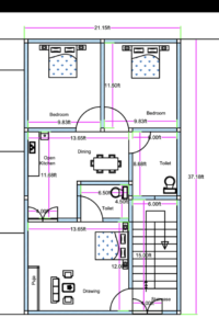 This 20x40 feet compact 2BHK house plan (actual dimension 21 ft × 37 ft) features an open kitchen, central dining space, drawing room, staircase access, two bedrooms, and two toilets. Ideal for narrow urban residential plots.