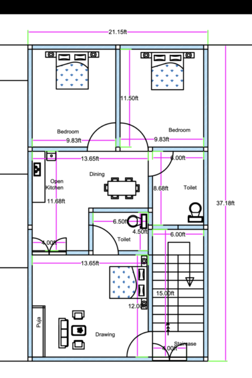 This 20x40 feet compact 2BHK house plan (actual dimension 21 ft × 37 ft) features an open kitchen, central dining space, drawing room, staircase access, two bedrooms, and two toilets. Ideal for narrow urban residential plots.