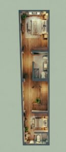 “10x40 house plan (actual 9x40 ft with rear width 7.83 ft) narrow 3D floor plan layout showing two luxury bedrooms with attached bathrooms, central staircase lobby, premium wooden flooring, modern lighting, long rectangular design for extremely narrow plots, efficient duplex circulation, realistic interior textures and compact urban home layout – Buildingo”