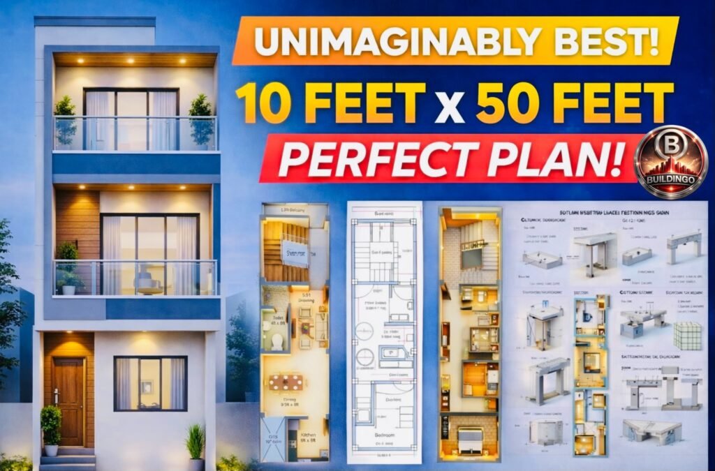 10x50 feet house plan featured thumbnail showing modern narrow plot elevation with 1BHK and 2BHK layout options