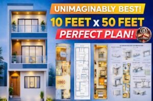 10x50 feet house plan featured thumbnail showing modern narrow plot elevation with 1BHK and 2BHK layout options