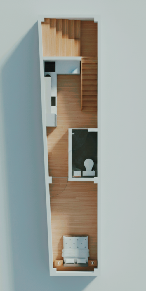 Very nice beautiful compact house 9.5x40.5 1BHK 3D Floor Plan Compact trapezoidal house rear 7.83