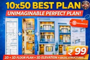 10x50 feet house plan combo thumbnail showing 2D floor plan, 3D interior layout, modern front elevation and basic structural design available for ₹99 download
