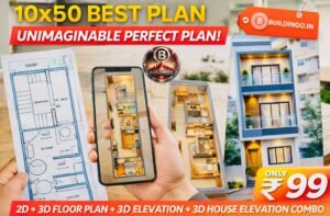 2BHK 10x50 feet house plan combo thumbnail showing 2D floor plan, 3D interior layout, modern front elevation and basic structural design available for ₹99 download