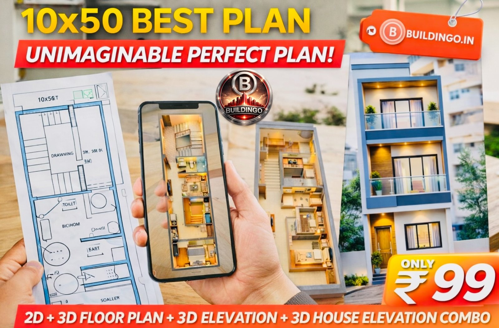 10x50 feet house plan combo thumbnail showing 2D floor plan, 3D interior layout, modern front elevation and basic structural design available for ₹99 download