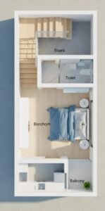 3D top view interior layout of 11x22 feet east-facing 1BHK compact house showing bedroom, kitchen, toilet and staircase placement.