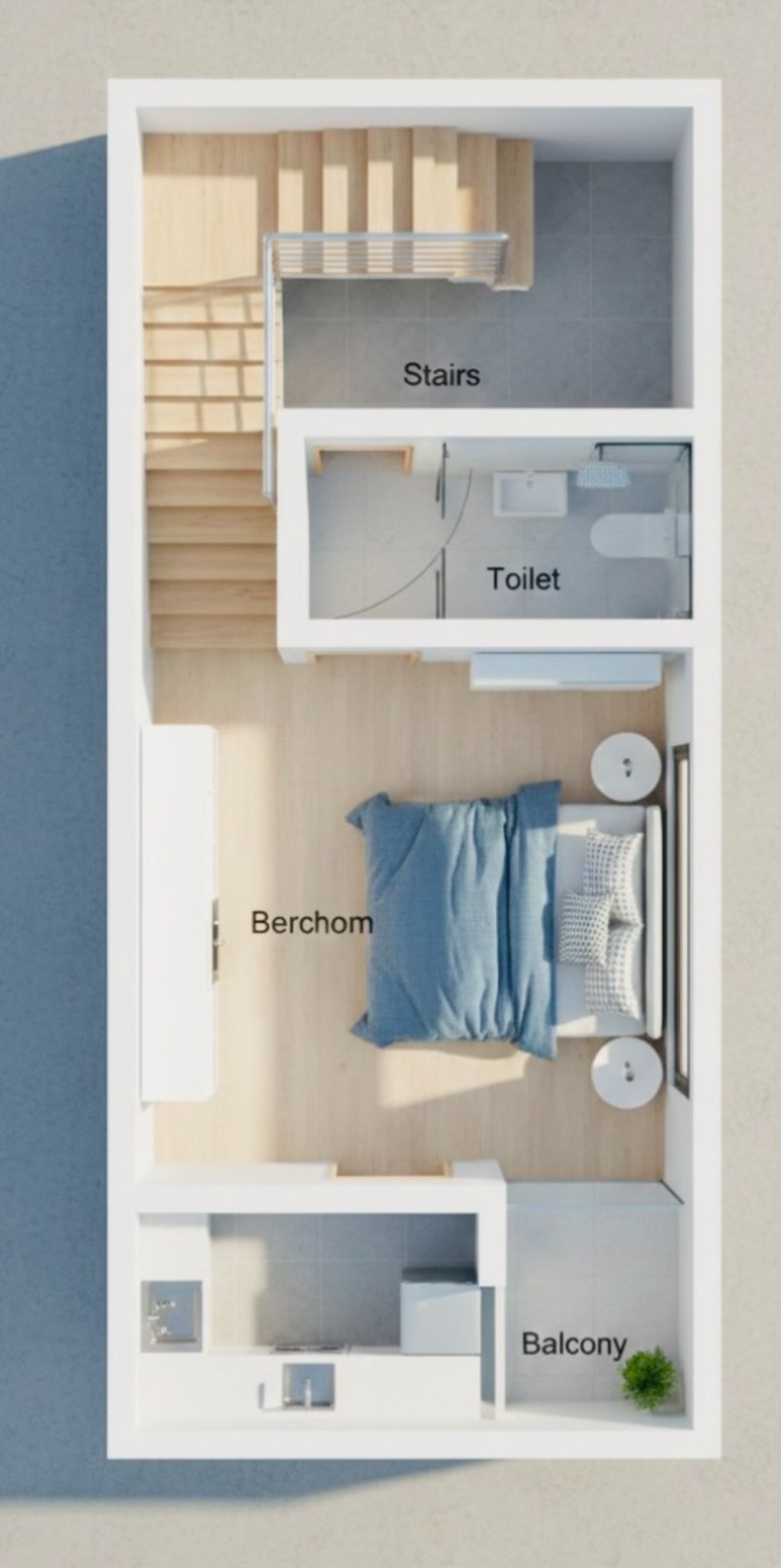 3D top view interior layout of 11x22 feet east-facing 1BHK compact house showing bedroom, kitchen, toilet and staircase placement.