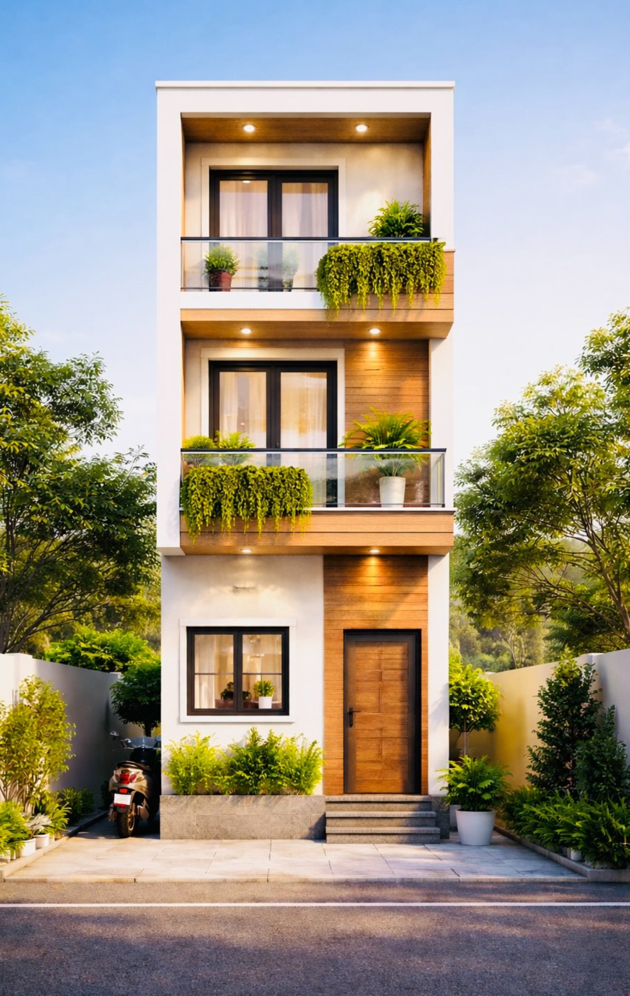 Modern 3D front elevation of 11x22 feet east-facing narrow plot house with small corner balcony and kitchen window.