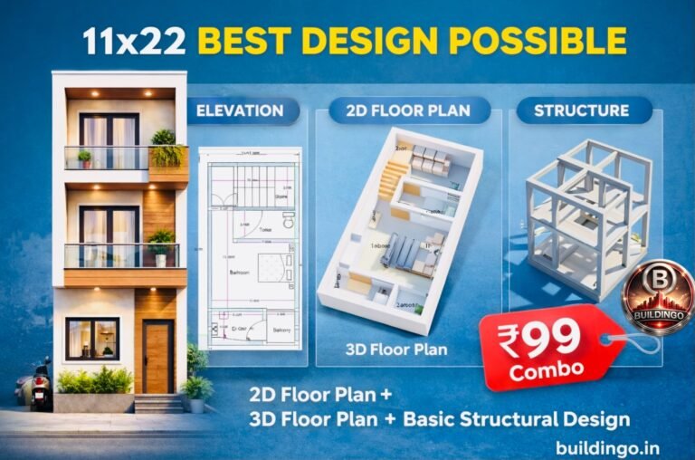 11x22 feet compact house design combo offer showing 2D floor plan, 3D floor plan, modern front elevation and structural layout available at ₹99 on Buildingo.in