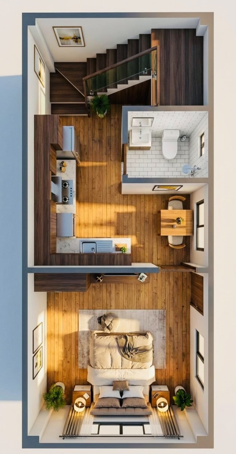 3D interior floor plan of 12x24 ft narrow house showing bedroom, modular kitchen, bathroom, dining space and wooden staircase