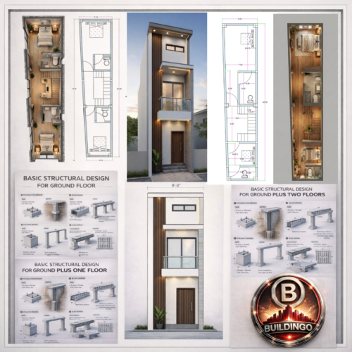 Collage of 9 feet by 40 feet house design including 2D floor plan, 3D floor plan, modern front elevation, trapezoidal plot layout (7.83 ft rear width), and basic structural design for ground and upper floors.