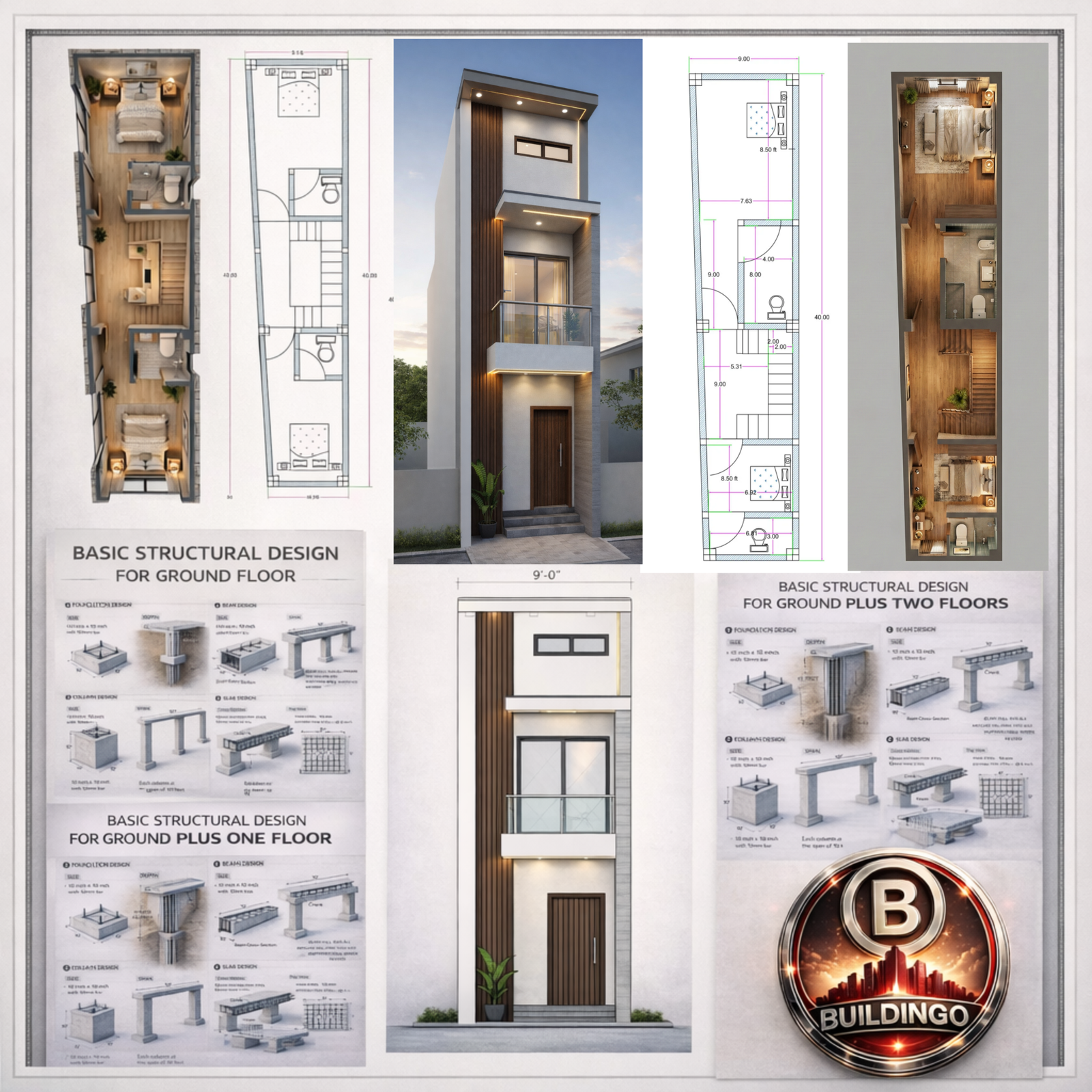 Collage of 9 feet by 40 feet house design including 2D floor plan, 3D floor plan, modern front elevation, trapezoidal plot layout (7.83 ft rear width), and basic structural design for ground and upper floors.