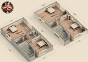 “15×30 house 3D floor plan (actual approx. 14.9 ft × 16.9 ft) showing two separate bedroom-unit layouts with detailed dimensions, realistic wood flooring, modern furniture placement, attached and common toilets, staircase position, interior circulation paths, and Buildingo logo in the corner, rendered in an isometric 3D view.”