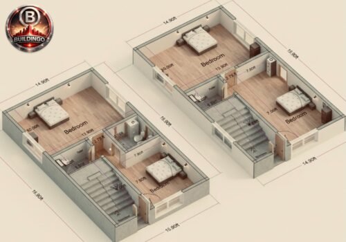 2D and 3D floor plan layout of a 15x25 feet house plan (actual 14.9x26) showing ground floor with drawing room, staircase, kitchen, and toilet, and first floor with staircase and bedroom layout. Compact narrow house plan designed for small plot residential construction.