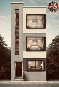 “Modern 3D front elevation of a 15-feet-wide multi-storey house featuring large black-frame glass windows, vertically lit staircase window on the left, textured grey and white exterior walls, wooden main door with small entry steps, balcony-style full-height glazing for bedroom floors, evening ambient lighting, and Buildingo branding logo at the top right corner.”