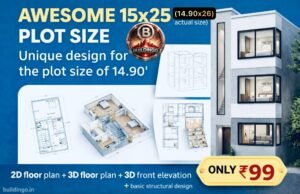 “15×25 house design combo (actual size 14.90×26 ft) including 2D floor plan, 3D floor plan, 3D front elevation, and complete basic structural design; featuring a modern three-floor narrow elevation with large glass windows, staircase-side vertical glass panel, detailed working drawings, isometric interior renderings, dimension markings, and Buildingo branding—premium ₹99 architectural package for compact 15 ft wide plots.”