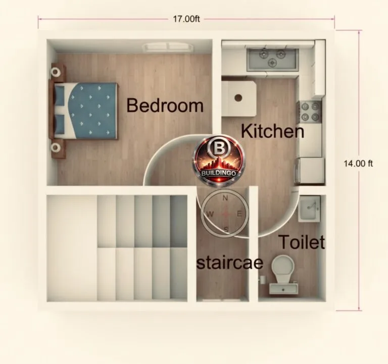 “14x17 feet compact 3D floor plan showing one bedroom, modular L-shape kitchen, attached toilet, staircase zone, Vastu compass, wooden flooring, labeled spaces, Buildingo branding—small house layout optimized for tiny plots.”