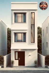 “Modern 14-feet wide 3D front elevation design for a compact three-storey house, featuring vertical staircase window, large sliding windows, minimalist white exterior, wooden main door, boundary walls, potted plants, and Buildingo branding.”