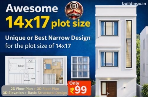 14x17 plot size unique narrow house design thumbnail showing 2D floor plan, 3D floor plan, G+2 front elevation, and basic structural drawing with Only ₹99 offer tag by Buildingo.in.