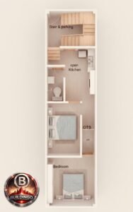 “Modern 3D floor plan for a 13×50 house design (SEO size 15×50), featuring two bedrooms, open kitchen, toilet, OTS shaft, staircase with small parking area, compact layout optimized for narrow plot, realistic interior rendering with Buildingo.in branding.”