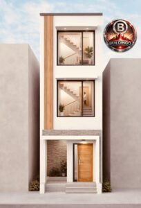 “Modern 13 feet wide contemporary house front elevation with vertical wooden texture panel, large glass windows, visible internal staircase, stylish entrance porch, minimalistic façade, off-white exterior walls, natural stone cladding, and Buildingo.in branding.”